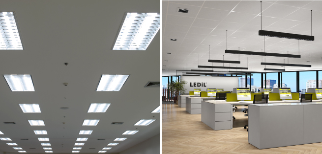 From old fashioned fluorecent troffers to modern office lighting