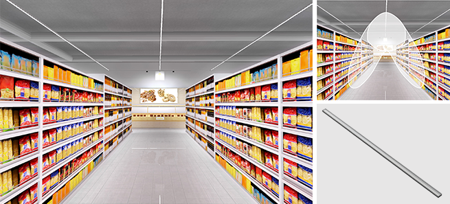 Aisle lighting with linear luminaires providing asymmetric light distribution